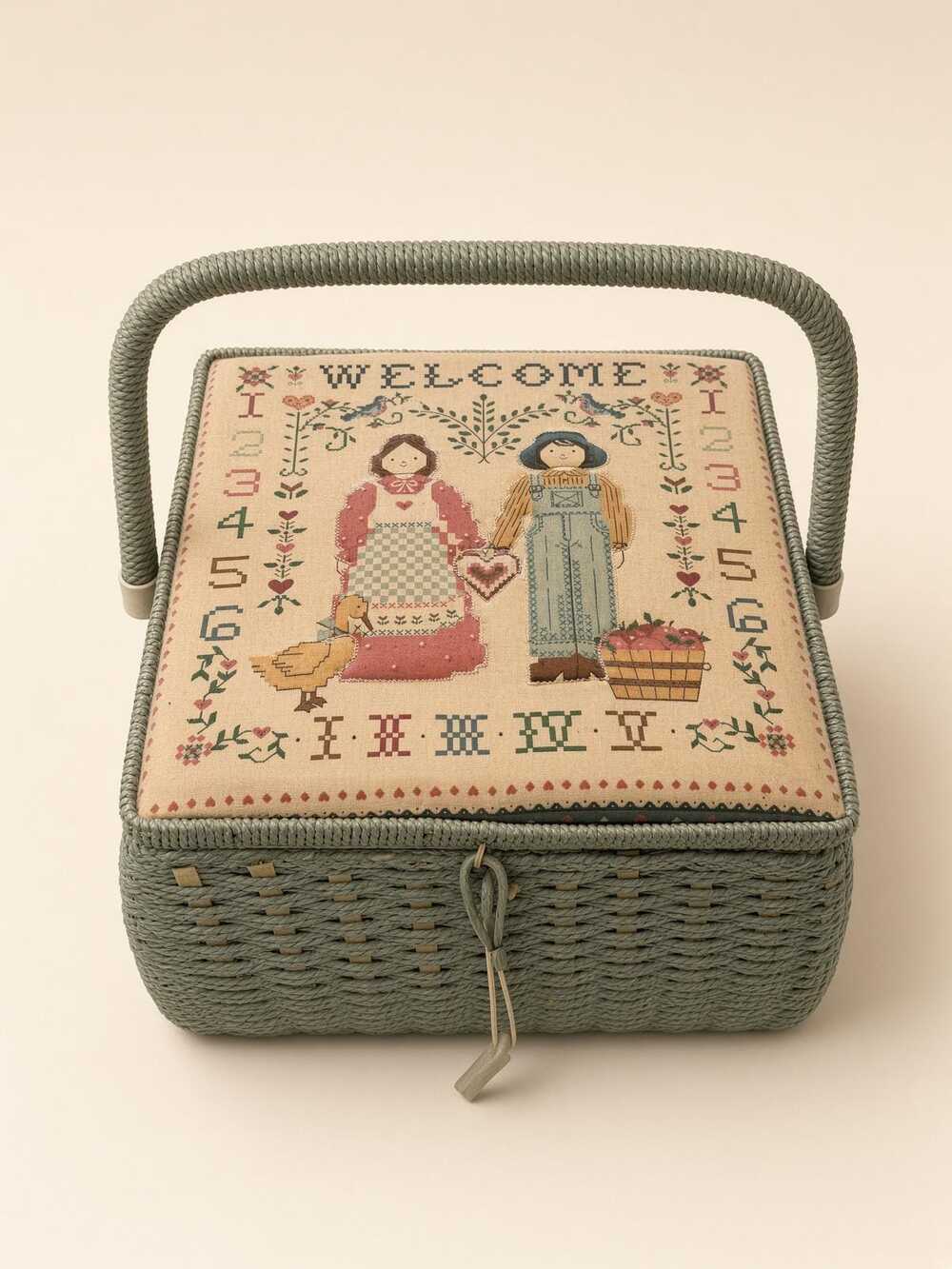 AZAR Sage Green Woven Sewing Basket Cross Stitch WELCOME Lid Satin Lined Storage